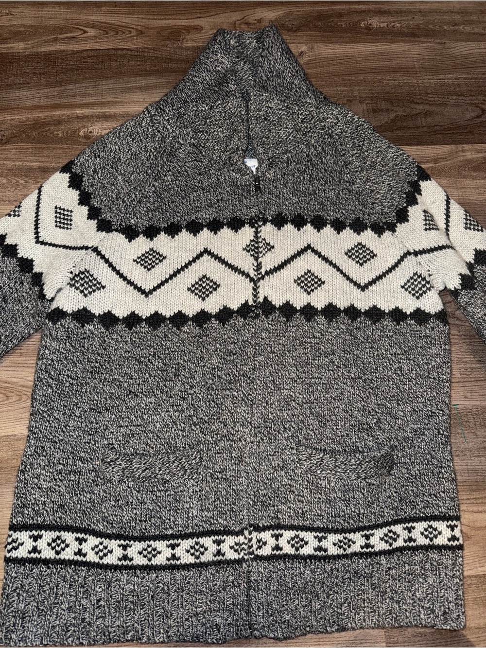 Men's Gray Zip Shawl Sweater with Nordic Knit